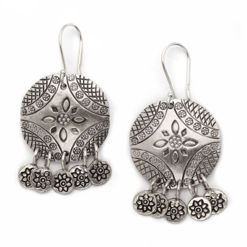 Kolczyki srebrne 925 etniczne Hmong – wiszące z kwiatowym wzorem, boho handmade