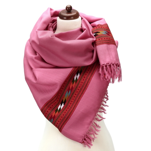Szal z wełny różowy handmade etno boho z pasem etnicznym